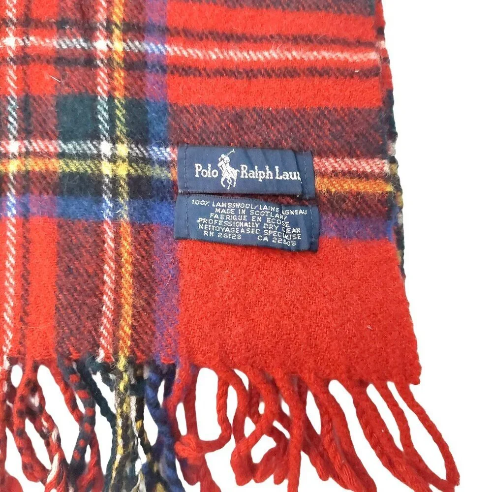 POLO Ralph Lauren 80s Vintage Red Blue Plaid Scarf Embroidered Polo Logo Scarves